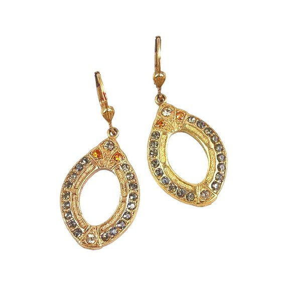 Vintage Gold Tone Dangling Earrings With Rhinestones & Oval Cutouts - 1.5" Long - Picture 1 of 6